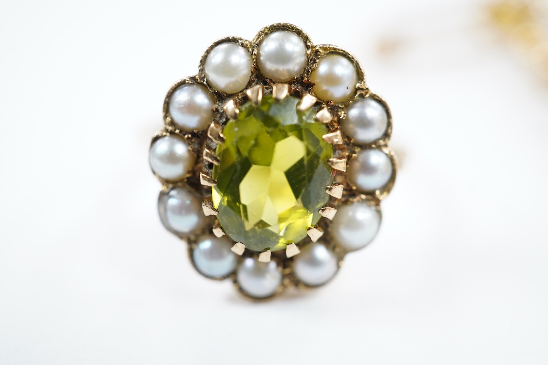 A yellow metal stick pin, the terminal modelled as a Knight's arm holding a scroll(a.f.), 79mm, together with two pairs of yellow metal and gem set ear clips including 9ct and opal doublet.